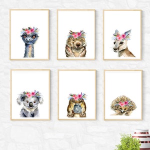 Australian Native Animals with Pink Flower Crowns Art Prints, set of 6, Koala Kangaroo Echidna Emu Platypus watercolor Wombat Nursery decor