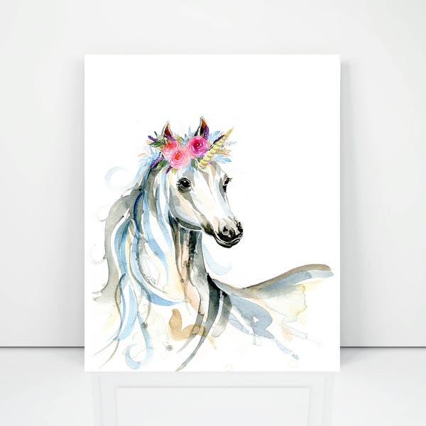 Coiffe florale de Licorne Art Print, décor de pépinière de filles, art mural pour enfants couronne de fleurs lunatique, couronne de cheval blanc, oeuvre aquarelle