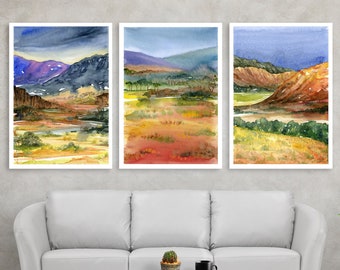 Australian Landscapes set of 3, art Prints, Aussie wall art, mountain scenery watercolour paintings, modern home decor, outback bush artwork