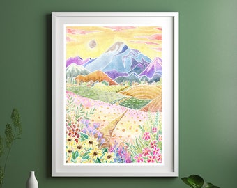 Landscape Art print, colourful Mountain abstract wall art, whimsical flower landscape painting, floral scene watercolour artwork poster