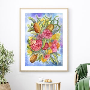 Banksias and Roses Art Print, Australian Natives, Modern Aussie Flower Painting, Decor Wall Art, Wattle Australian Flora, Botanical Nature