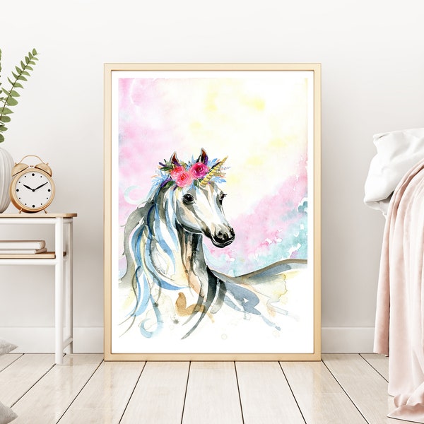 Unicorn Girl's Bedroom Art Print, décor de pépinière pastel, coiffe florale, couronne de fleurs fantaisistes, cheval blanc, oeuvre d'aquarelle mythique