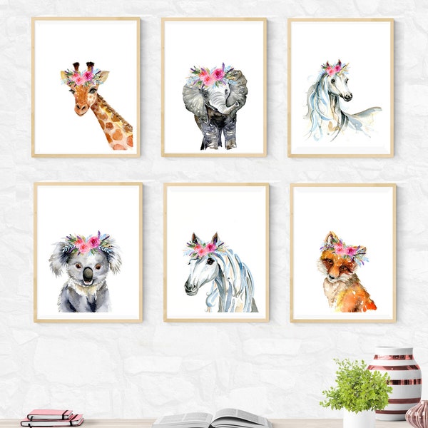 Flower Crown Animals Art Prints, ensemble de 6, Safari Nursery wall Art, aquarelles, décor à la maison, éléphant, licorne, renard, koala, lion