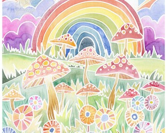 Rainbow & Toadstools Art print, colourful abstract children's wall art, whimsical fairyland landscape painting, flowers watercolour artwork