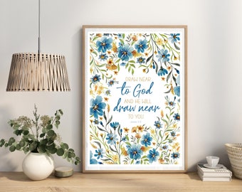 Christian home decor, James 4:8 Art Print, Draw near to God, Scripture Verse, Blue and Beige floral picture, Watercolour Bible quote artwork