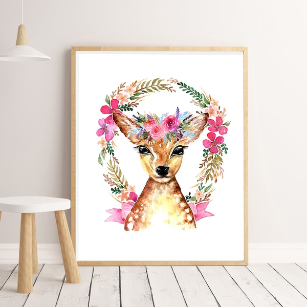 Flower Crown Deer Art Print, décor de pépinière rose fille, bannière pastel, art mural pour enfants bébé fauve des bois, cadeau d’œuvres d’art coiffe florale