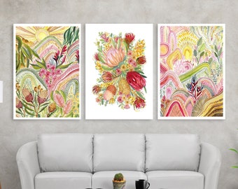 Australian Abstract Landscape & Flora Art Prints, Set of 3 Protea banksia, Aussie wall art, Pink Yellow Native Flowers watercolour paintings