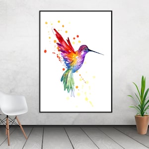 Hummingbird Painting, Art Print, Rainbow bird wall art, watercolour artwork, office art, hand painted nature art print, bright colourful art