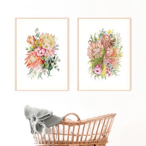 Paar inheemse Australische bloemkunstprints - set van 2, Aussie flora schilderij, banksia King protea gumnuts Leucadendron blauwe gom acacia kunst