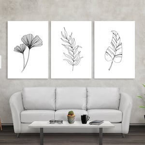 Leaf Line Art Drawing / Set of 3 Prints / Natural Leaves Home Decor Artwork / Hamptons Nature Wall Art / Handdrawn Botanical Wall Prints