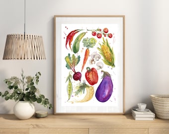 野菜のアートプリント、キッチンの壁アート、水彩画の野菜のポスター