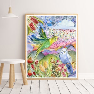 Budgies Art Print, abstract bird painting, colourful watercolour artwork, Australian budgie wall art, rainbow nature kids budgerigar picture