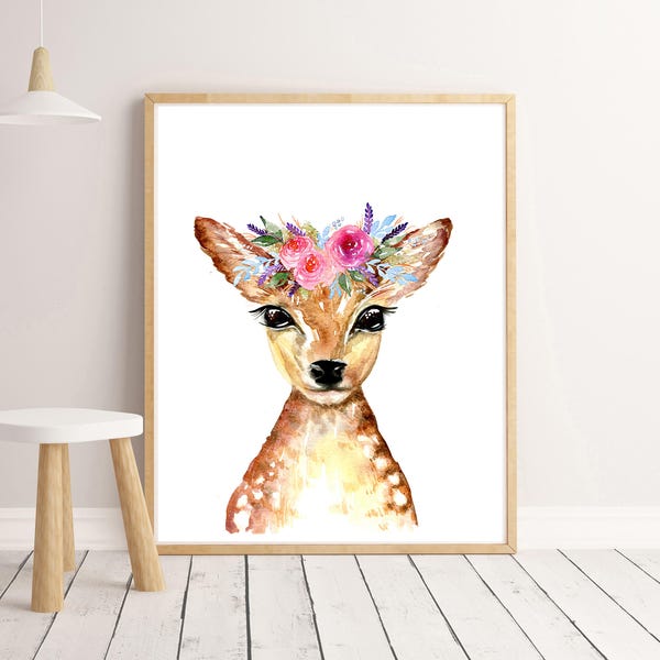 Cerf avec coiffe florale Art Print, décor de pépinière sur le thème animal de la fille, art mural pour enfants bébé boisé, couronne de fleurs, oeuvre de couronne de faon