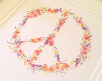 Floral Peace Sign Art Print, wall art, nursery decor, children's art, pastel, watercolour painting, home decor, spring poster, art print