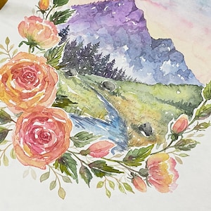 ORIGINAL Watercolour Painting, wreath with mountain scene, Landscape rocky mountain river, Handpainted A4 Art, rose flowers, Adventure