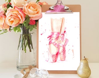 Ballet Slippers Art Print, ballerina shoes watercolour painting, girls bedroom decor, dance dancer wall art, on pointe dancing shoes artwork