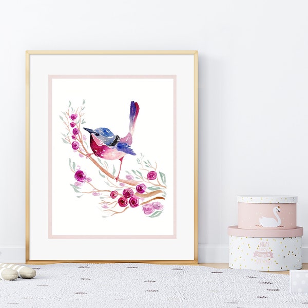 Wren Bird - Pink and Blue Watercolour Print, home decor, office art, Pink Robin, girls Nursery art, baby girl decor, painting illustration