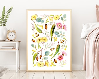 Australian Natives Art Print, Aussie bloemen aquarel schilderen, Gumleaves gumnuts, Eucalyptus Floral, muur prints, Native flora, lel