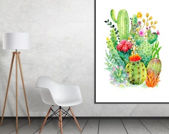 Kaktus Poster, Sukkulenten, Kakteen, Wandbild, Wüste, Arizona, Boho Wohnkultur, Büro Kunstwerk, Texas, handgemalter Aquarelldruck