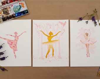 Ballet Dancers ORIGINAL Art, Watercolour Painting, Handpainted A4 girls bedroom nursery decor, pink floral ballerina artwork, dancing tutu