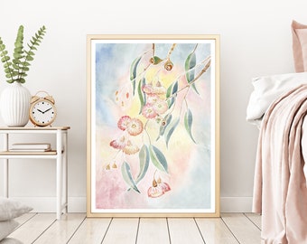 Pastel Pink Gum Blossom Art Print, Native Australian gumblossom watercolour, Aussie Flora wall decor, Modern Nature flowers artwork, gumnuts