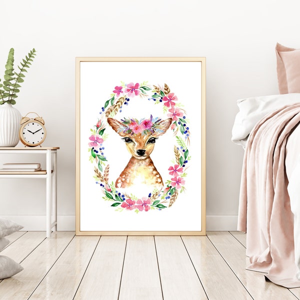 Deer Floral Wreath Art Print, décor de pépinière rose fille, art mural pour enfants bébé fauve des bois, couronne de fleurs, oeuvre de coiffure florale