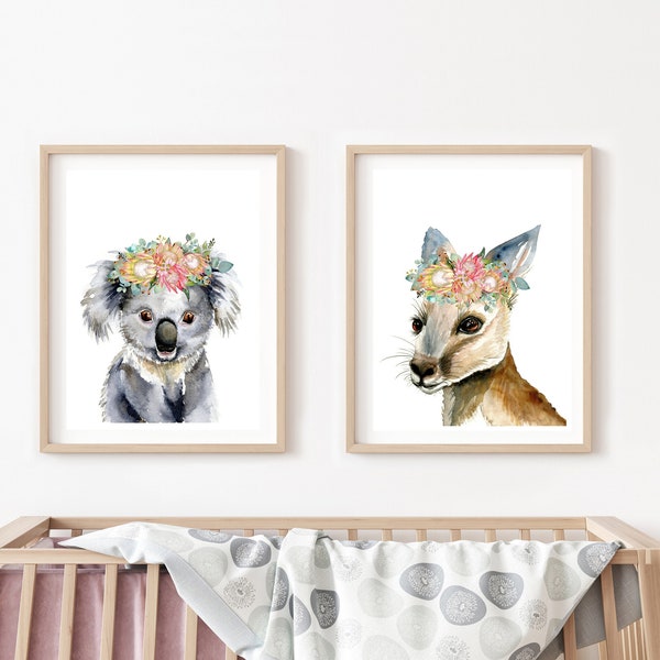 Animaux australiens Art Prints ensemble de 2, couronnes de fleurs Protea, art mural chambre de bébé fille, chambre koala kangourou, flore Aussie Australie moderne