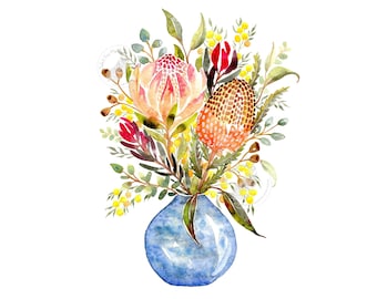 Australian Native Flowers Art Print, protea banksia, Blue Vase Painting, Watercolor Office Decor, Australian Flora, Botanical Floral Nature