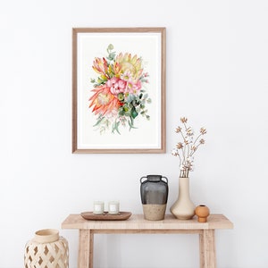 King Protea Floral Art Print, Australian Native Flowers, Modern Aussie Flowers Painting, Decor Wall Art, Leucadendron gum leaves watercolour