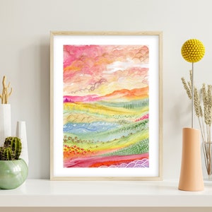 Pastel landscape art print, whimsical abstract colourful watercolour artwork, rainbow scenery wall art, nature kids bedroom decor picture