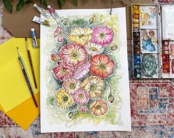 Amapolas ORIGINAL Acuarela Pintura, flora colorida A3 arte, obra de arte pintada a mano, boceto a tinta de pluma, amarillo amarillo rosa rosa amapola flor