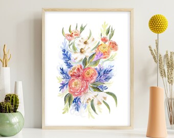 Colourful Flower Bunch Art Print, White Impressionist Floral Wall