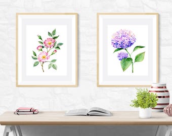 Botanical Flower Art Prints Pair, hydrangea orchid rose tulip sunflower peony, wall art, office print, Watercolour painting, art poster