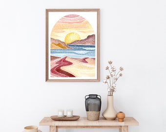 Retro Arch Desert Landscape Art Print, 70's home decor, neutral wall art, modern sunrise ocean painting boys bedroom artwork blue beige pink