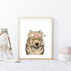 Wombat Art Print, Watercolour Painting, Australian Animal girl boy nursery decor, Aussie Native Fauna, Australiana, flower leaf crown