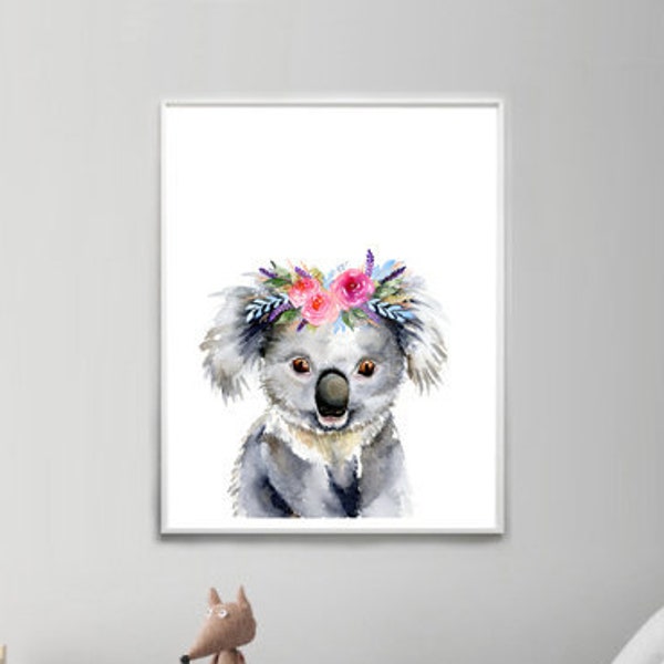 Koala Art Print, décor de pépinière australienne fille ou garçon, coiffe florale, art mural pour enfants, couronne de tournesol, peinture de couronne de roses