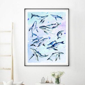 Impresión de arte de ballenas, pintura de ballenas azules, arte de la pared de la decoración de la acuarela del dormitorio de los niños, arte de la vida marina, cartel del océano, vivero náutico bajo el agua