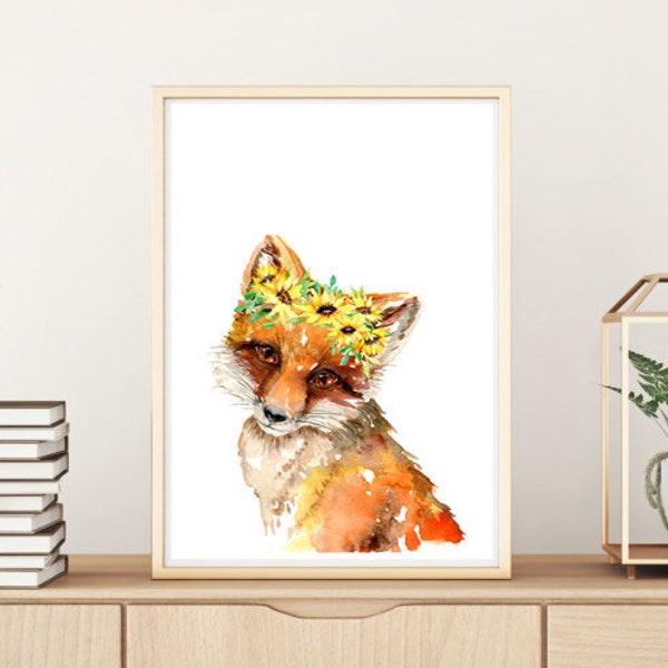 Renard avec couronne de tournesol Art Print, peinture de couronne florale, décor de pépinière, portrait d'animal des bois, art mural pour enfants, décor de chambre Foxy