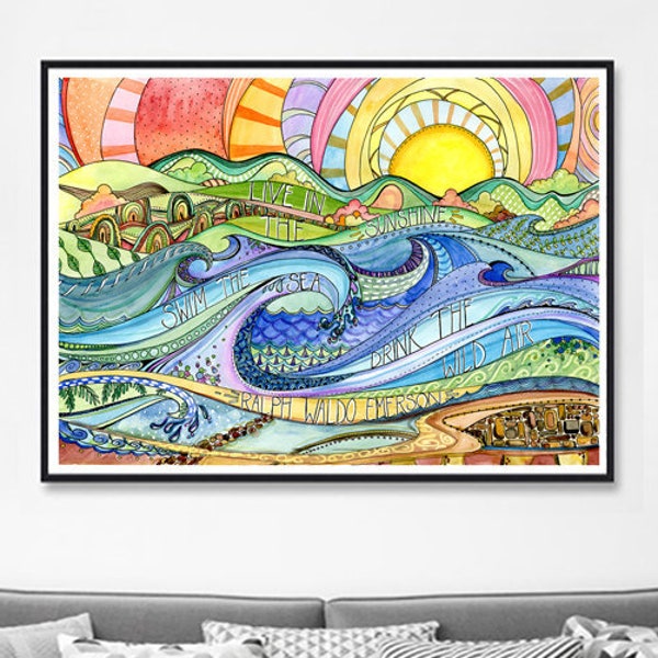 Live in the Sunshine Quote Art Print, Inspirational Colourful Wall Art Home Decor, Swim the Sea Drink the Wild Air Painting, Emerson Artwork