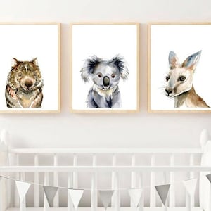 Australian Animal Art Prints, set of 3, Koala Kangaroo Echidna Emu Wombat Platypus, Boys Fauna Nursery Artwork, Bedroom Watercolor painting