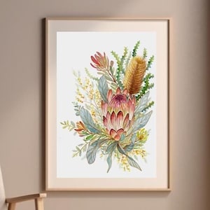 Australian Flower Art Print, Protea & Banksia wall art, Modern Australian Native Flowers, watercolour painting, Floral home or office decor
