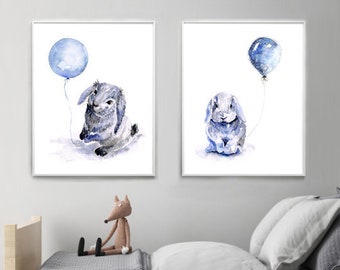 Boys Nursery Art, Blue Bunnies with Balloons Watercolour Prints, Bedroom decor, Pastel Blue Grey, Rabbit painting, Baby boy wall art, bunny