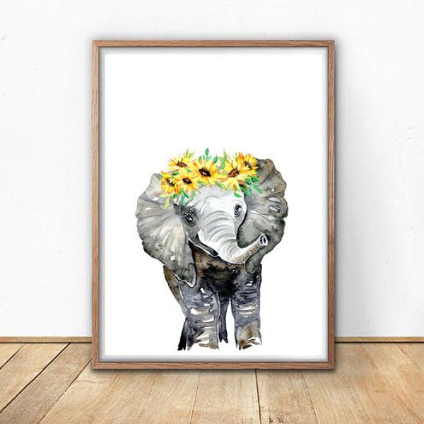 Éléphant avec couronne de tournesol Art Print, couronne de fleurs, décor de pépinière de filles, art mural pour enfants animaux de la jungle, imprimé floral, oeuvre de safari