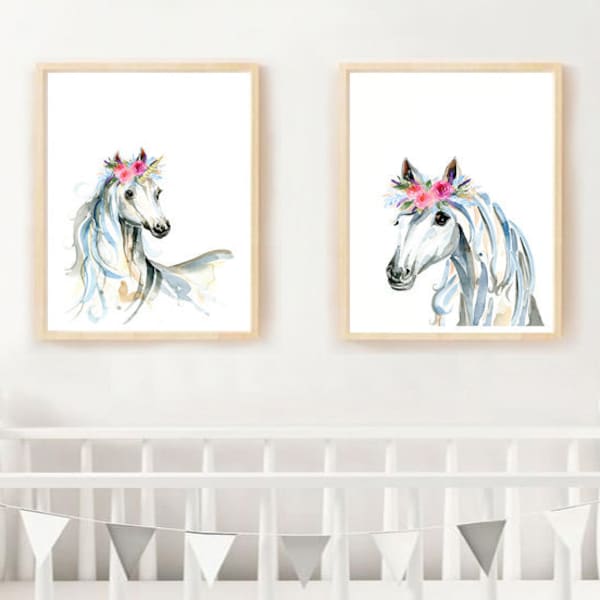 Licorne avec des impressions d'art de couronnes de fleurs, peinture à l'aquarelle (paire), licornes, décor de pépinière de filles, art mural magique, coiffe florale