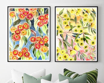 Australian Gum Blossom Art Prints, Aussie flora wall art, Set of 2, eucalyptus leaves gumleaf, red yellow gumblossom, Australiana home decor
