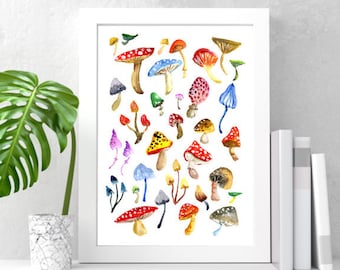 Toadstools & Mushrooms Art Print, Colourful Watercolor Wall Art, Home Decor, Fungus Woodland Painting, Forest Nature Woods Natural Artwork