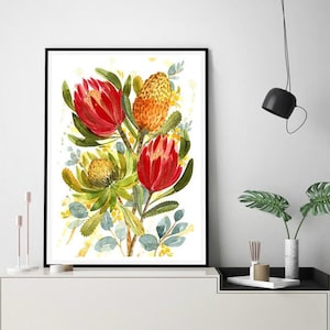 Protea Australian Native Art Print, King Proteas Modern Aussie Flowers Painting, Decor Wall Art, Banksia Australian Flora, Botanical Nature