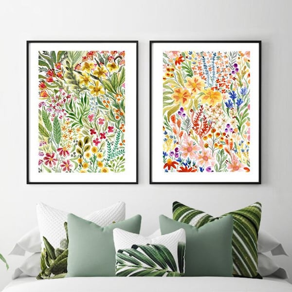 Wildflowers Art Prints - Set of 2, Pair of colourful spring flowers artwork, rainbow flora painting, two bright wall art prints, daisy