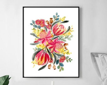 Protea Australian Native flowers Art Print, Modern Aussie red Flora Painting, Gum leaves, Australian office wall decor wattle blossom art