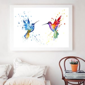 Hummingbird Pair Art Print, two colourful hummingbirds, rainbow blue bird wall art, watercolour artwork, hand painted nature painting, birds